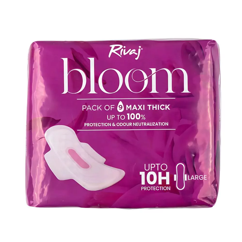 Rivaj Maxi Thick Bloom Sanitary Pads - Large 9 Pcs - Rash-Free, Leak-Proof Sanitary Pads For Women.