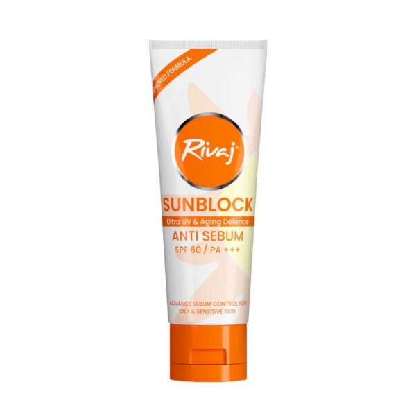 Rivaj Sunblock Anti Sebum SPF60 40ml - Protects from UVA/UVB, controls oil, and minimizes pores for a matte, smooth finish.