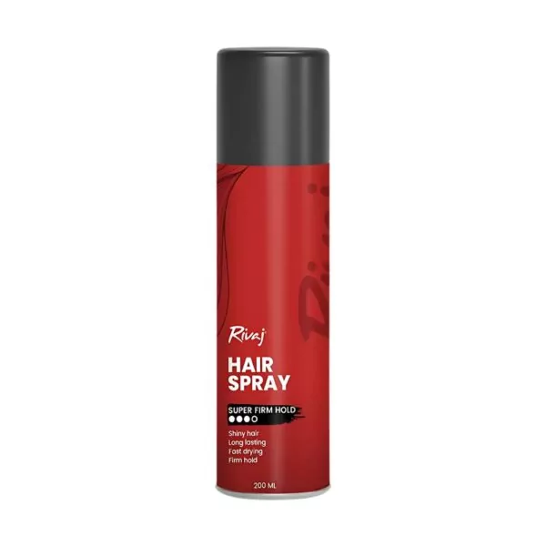 Rivaj Super Firm Hold Hair Spray 200ml - Non-sticky, fast-drying formula for shiny and long-lasting hairstyles.