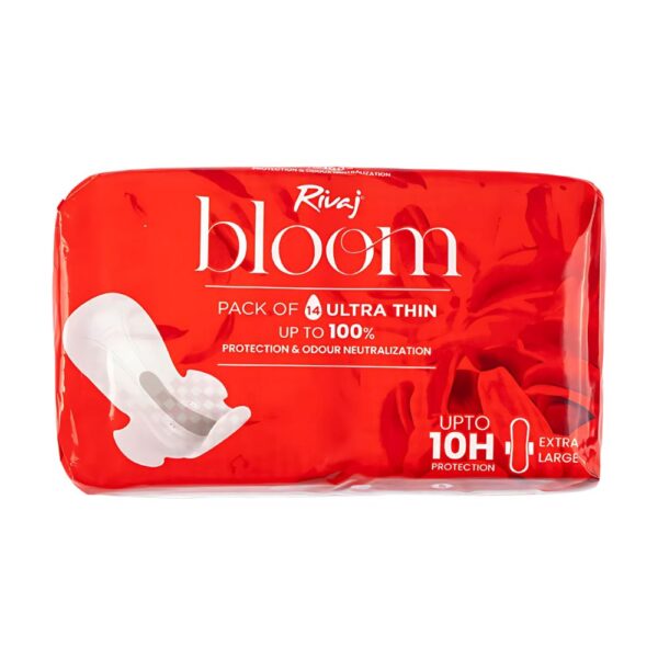 Rivaj Ultra Thin Bloom Sanitary Pads - Extra Large 14 PCS - Offers up to 10 hours of protection with a soft and thin design for comfort.