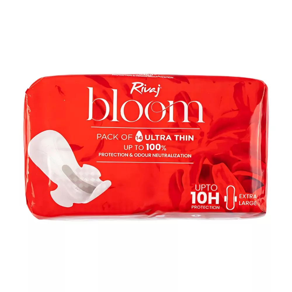 Rivaj Ultra Thin Bloom Sanitary Pads - Extra Large 14 Pcs - Offers Up To 10 Hours Of Protection With A Soft And Thin Design For Comfort.