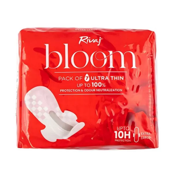 Rivaj Ultra Thin Bloom Sanitary Pads - Extra Large 7 Pcs - 10-hour protection with extra coverage and quick absorption for heavy flow.