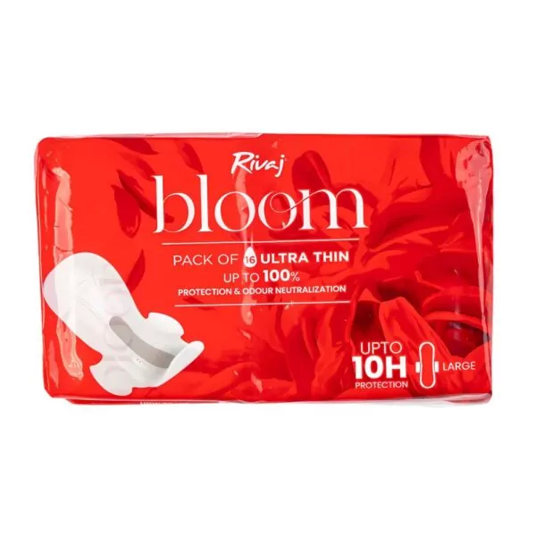 Rivaj Ultra Thin Bloom Sanitary Pads - Large 16 PCS - Offers up to 10 hours of protection with a soft and thin design for comfort.