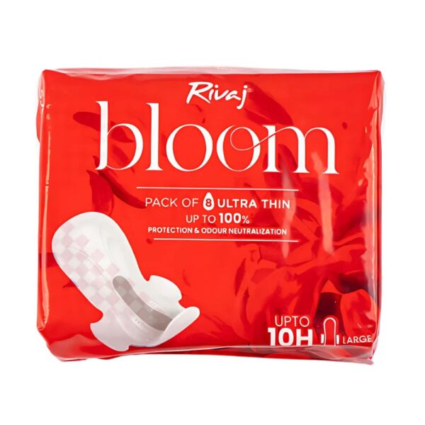 Rivaj Ultra Thin Bloom Sanitary Pads - Large 8 Pcs - Provides up to 10-hour protection with quick absorption and side leak barriers.