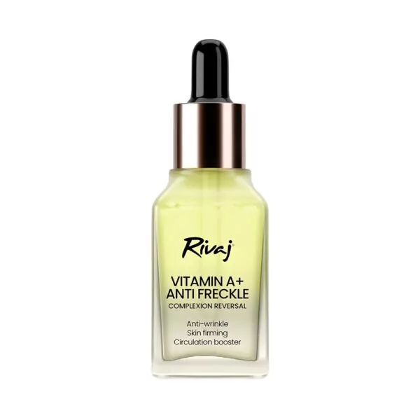 Rivaj Vitamin A+ Anti-Freckle Face Serum 30ml bottle. A skin-brightening serum designed to reduce freckles, age spots, and improve skin elasticity for a youthful complexion.