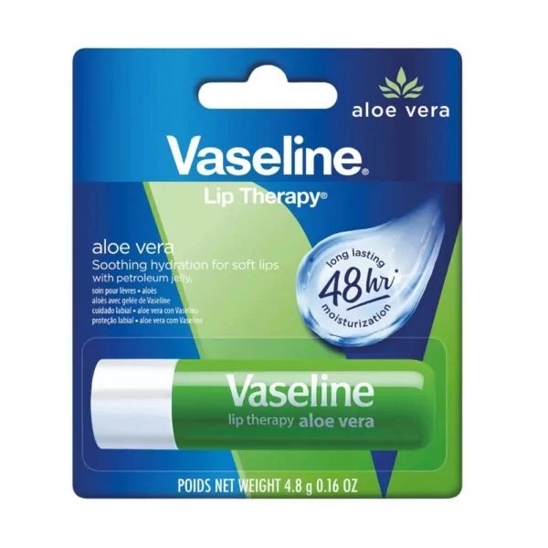 Vaseline Lip Therapy Aloe Vera Stick 4.8g, hydrates and soothes dry lips with Aloe Vera and Vitamin E.