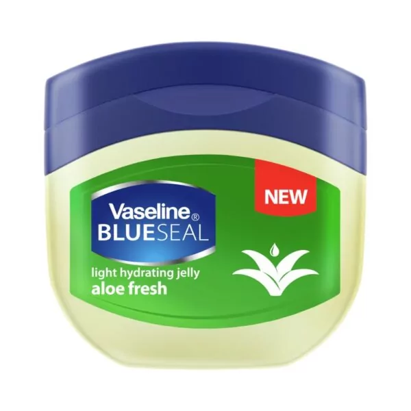 Vaseline Blue Seal Aloe Fresh Petroleum Jelly 250ml, enriched with Aloe Vera for soothing hydration and healing care.