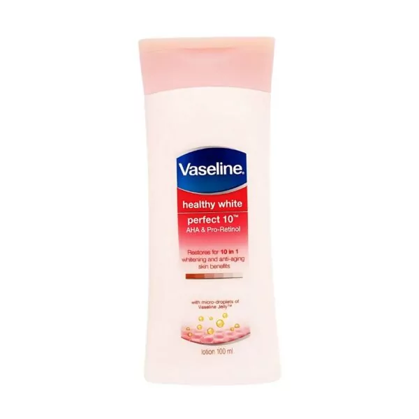 Vaseline Healthy Bright Perfect 10 Lotion 100ml, brightens and hydrates skin with Vitamin B3, AHA, and Pro-Retinol.