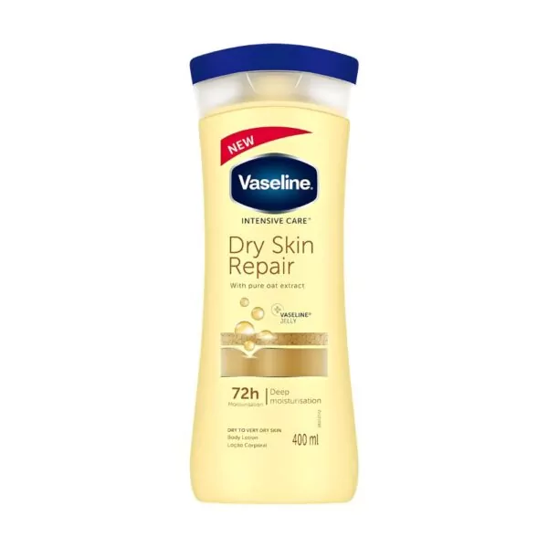 Vaseline Intensive Care Dry Skin Repair Moisturising Body Lotion 400ml, non-greasy formula for deep hydration and healing.