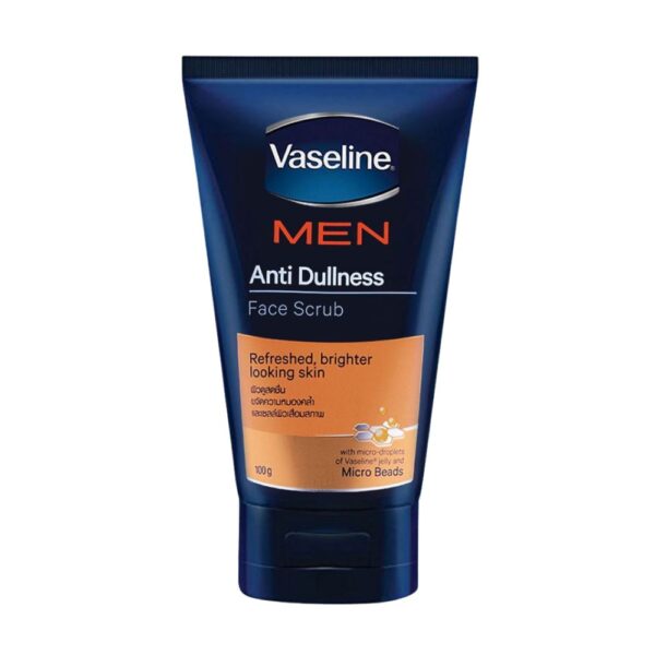 Vaseline Men Anti-Dullness Face Scrub 100gm, enriched with Vitamin B3 and micro-beads for deep exfoliation and brightening.