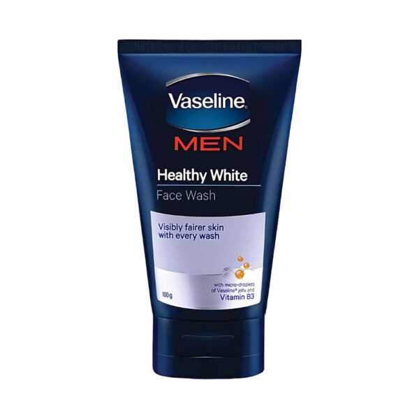 Vaseline Men Healthy White Face Wash 100gm, enriched with Vitamin B3 and Vitamin E for brightening and deep cleansing.