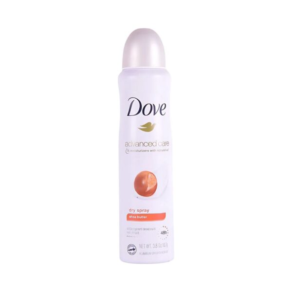 Dove Advanced Care Shea Butter Dry Spray 107gm for soft underarms, 48-hour sweat and odor protection, and a soothing shea butter scent.