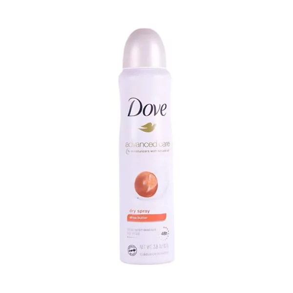 Dove Advanced Care Shea Butter Dry Spray 107gm for soft underarms, 48-hour sweat and odor protection, and a soothing shea butter scent.