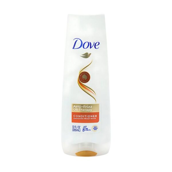 Dove Anti-Frizz Oil Therapy Conditioner – 355ml bottle with coconut oil for frizz-free, smooth, and shiny hair.