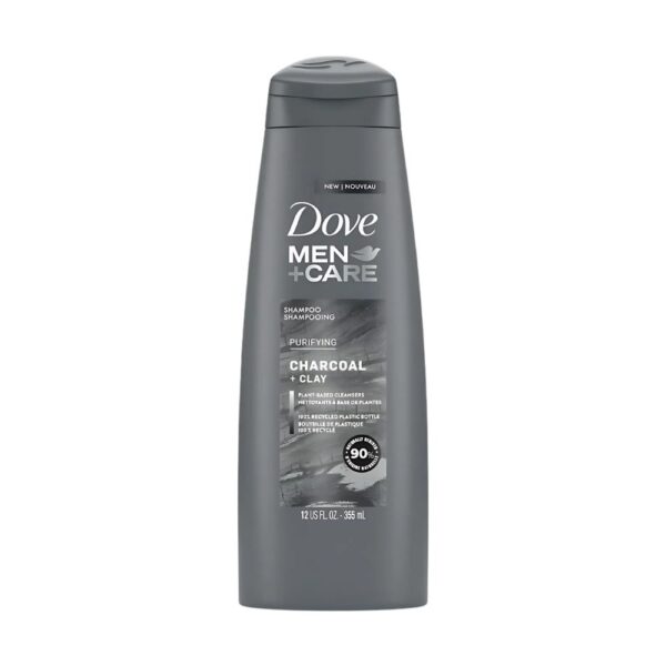 Dove Men Charcoal Clay Purifying Shampoo – 355ml bottle for deep cleaning and long-lasting freshness.