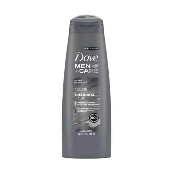 Dove Men Charcoal Clay Purifying Shampoo – 355ml bottle for deep cleaning and long-lasting freshness.