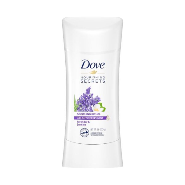 Dove Lavender & Jasmine Stick 74gm – 48-hour sweat protection with calming lavender and jasmine scent.