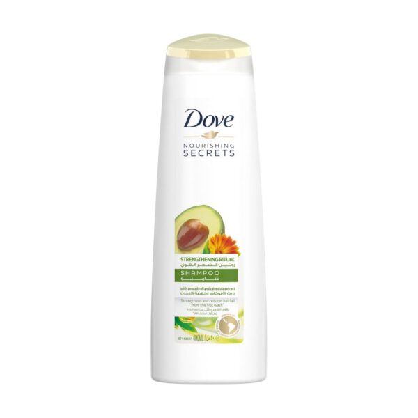 Dove Strengthening Ritual Shampoo – 250ml bottle enriched with avocado and calendula extracts for smooth, strong hair.