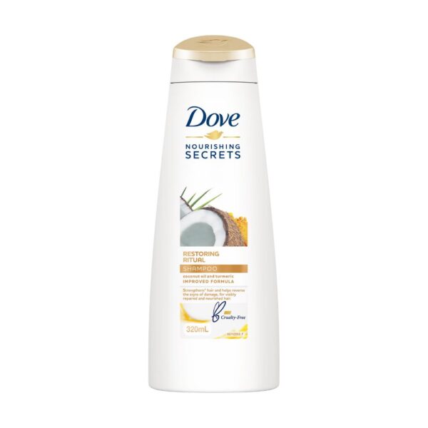 Dove Restoring Ritual Shampoo – 250ml bottle with coconut oil and turmeric for stronger, nourished hair.