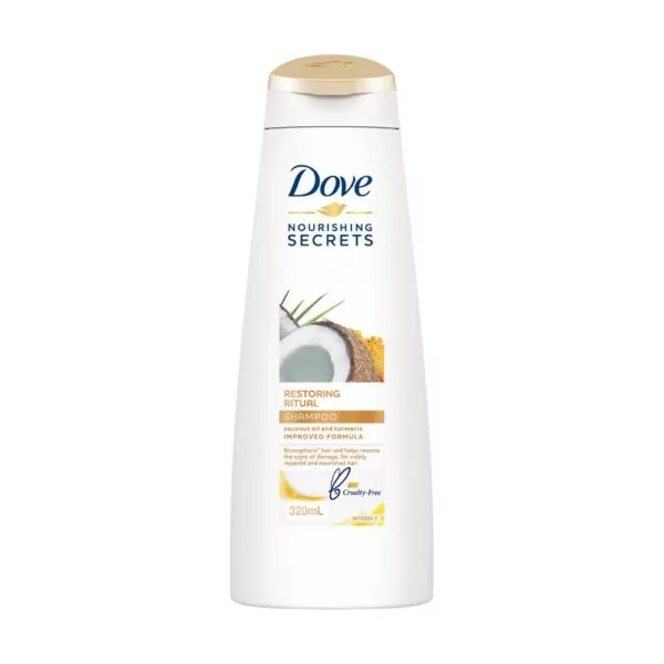 Dove Restoring Ritual Shampoo – 250ml bottle with coconut oil and turmeric for stronger, nourished hair.