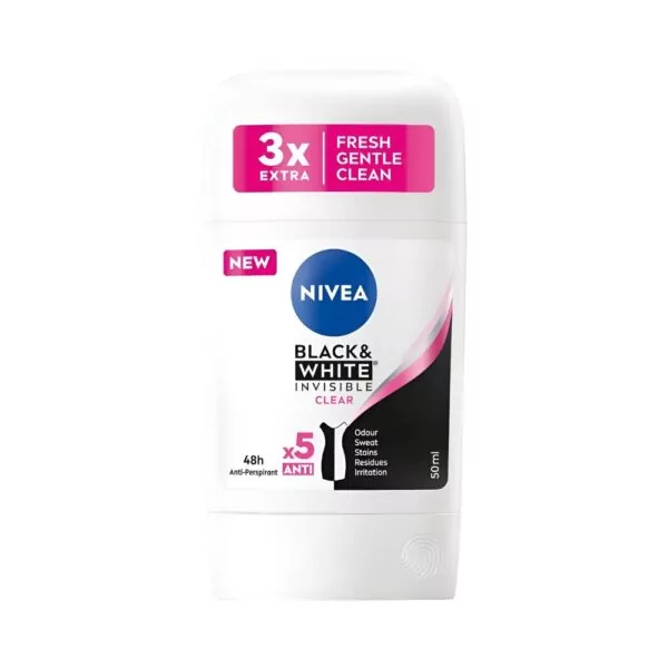 NIVEA Black & White Clear Stick 50ml with anti-stain formula and 48-hour protection.