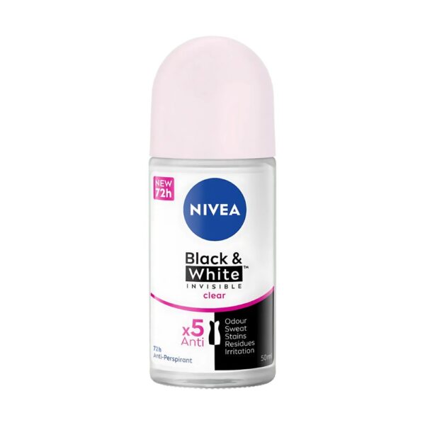 NIVEA Black & White Invisible Clear Deodorant Roll-On 50ml for 48-hour sweat and stain protection.