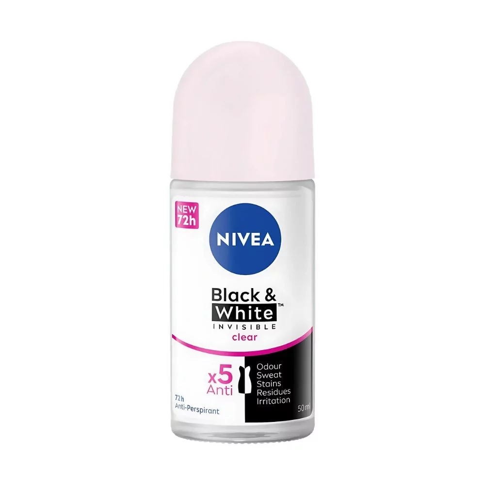 Nivea Black &Amp;Amp; White Invisible Clear Deodorant Roll-On 50Ml For 48-Hour Sweat And Stain Protection.