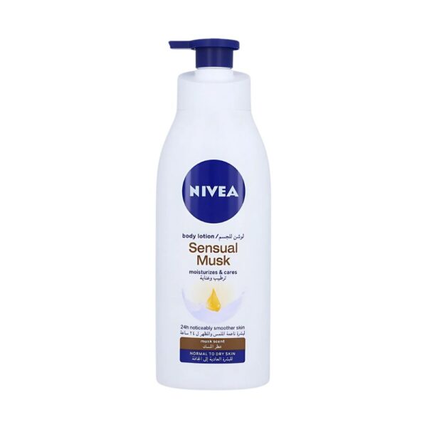 NIVEA Sensual Musk Body Lotion 400ml for soft, hydrated skin with a warm musk fragrance and 24+ hours of moisture.