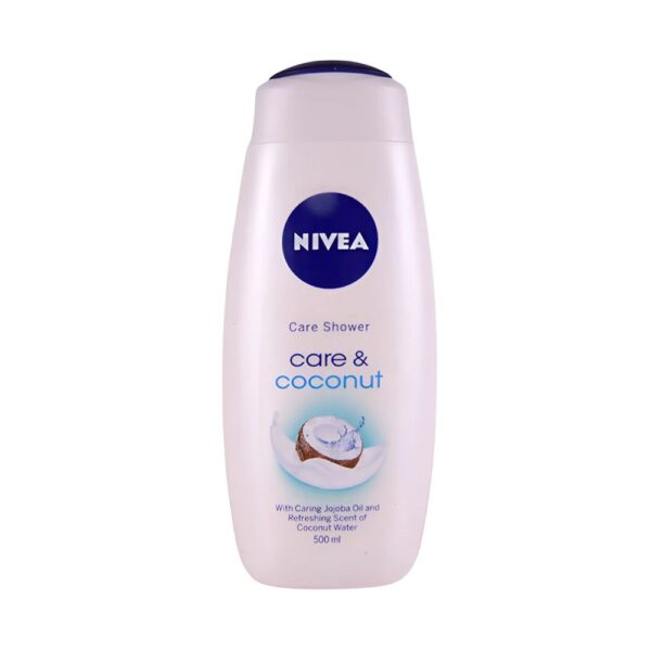 NIVEA Care & Coconut Shower Cream 500ml with jojoba oil and coconut scent for soft skin.