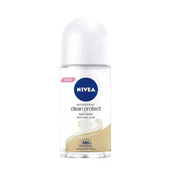 NIVEA Clean Protect Roll-On 50ml with pure alum for all-day freshness and odor protection.