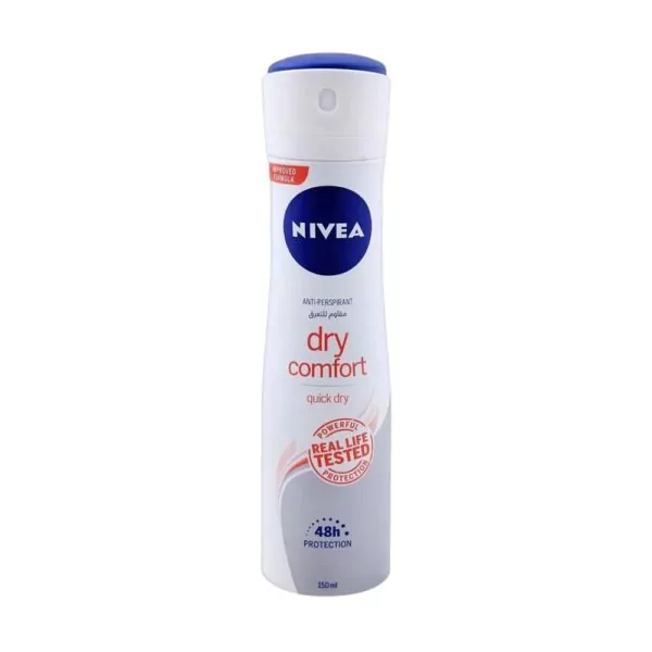 NIVEA Dry Comfort Deodorant 150ml for 48-hour sweat and odor protection with a light citrus scent, safe for all skin types.