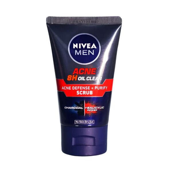 NIVEA MEN Acne Oil Clear & Purify Scrub 100ml for deep cleansing, acne control, and oil-free skin.