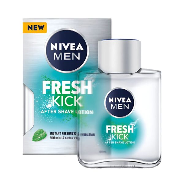 NIVEA MEN Fresh Kick After Shave Lotion 100ml with mint and cactus water for instant hydration and freshness.