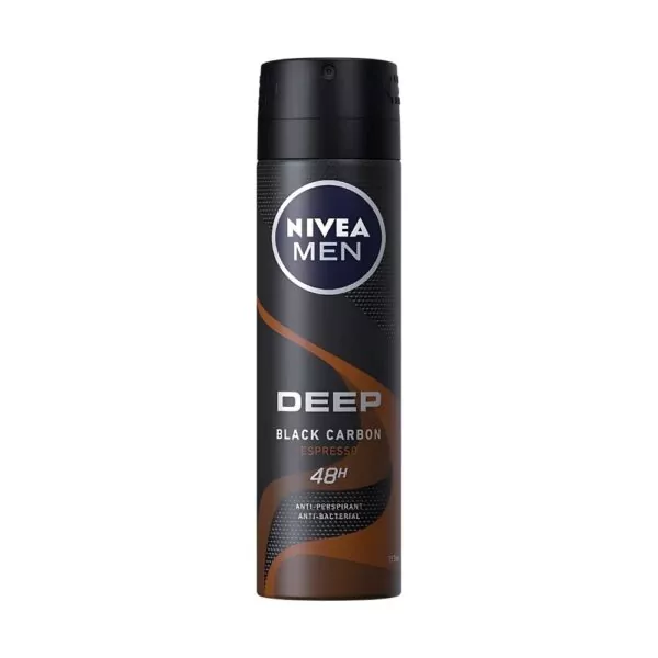 NIVEA MEN Deep Espresso Anti-Perspirant Spray 150ml with black carbon and espresso scent for 48-hour protection.