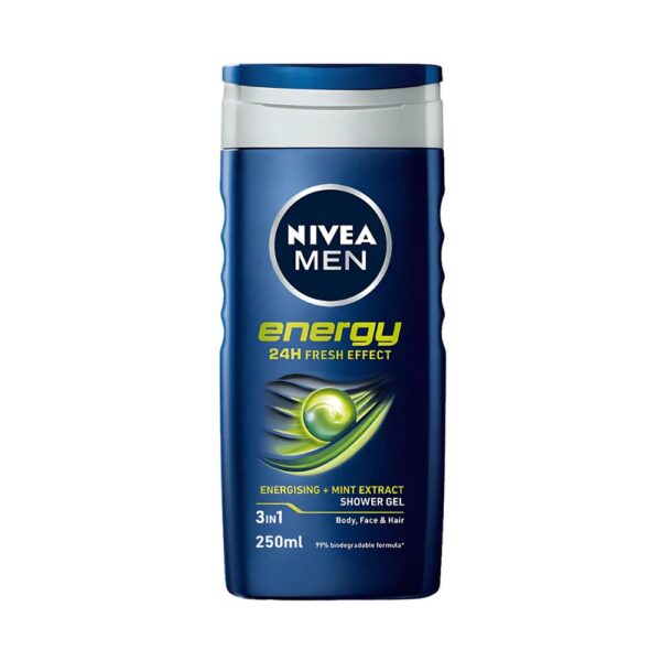 NIVEA MEN Energy Shower Gel 250ml – Refreshing mint-infused care for body, face, and hair.