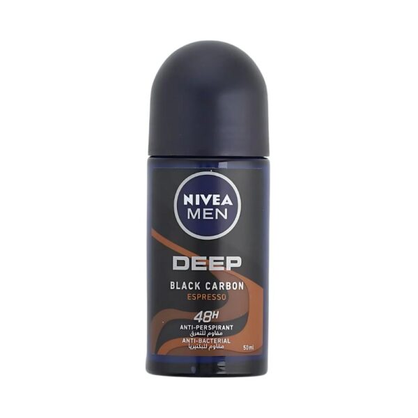 NIVEA Men Deep Black Carbon Roll-On 50ml with espresso scent for long-lasting freshness.