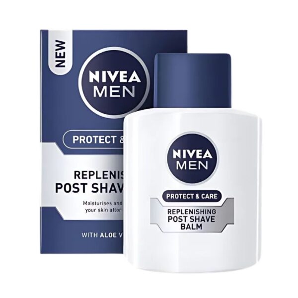 NIVEA Protect & Care Post Shave Balm 100ml with Aloe Vera and Pro-Vitamin B5 for soothing and hydrating skin after shaving.