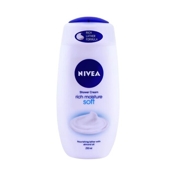 NIVEA Rich Moisture Soft Shower Cream 250ml – Hydrating shower cream with almond oil for soft, smooth skin.