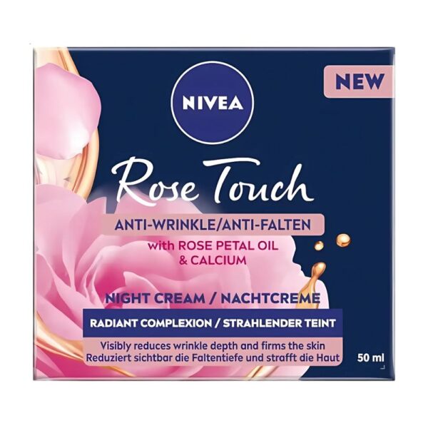 NIVEA Rose Touch Anti-Wrinkle Night Cream 50ml with Rose Petal Oil and Calcium for soft, smooth, and firm skin overnight.