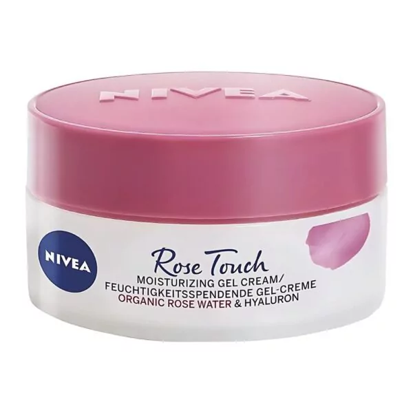 NIVEA Rose Touch Moisturizing Gel Cream 50ml with organic rose water and hyaluronic acid for 48-hour hydration.