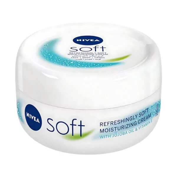 NIVEA Soft Moisturizing Cream 50ml with jojoba oil and vitamin E for 48-hour hydration.