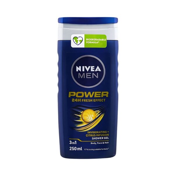 Nivea Men Power Fresh Shower Gel 250ml – Citrus-infused freshness for body, face, and hair.