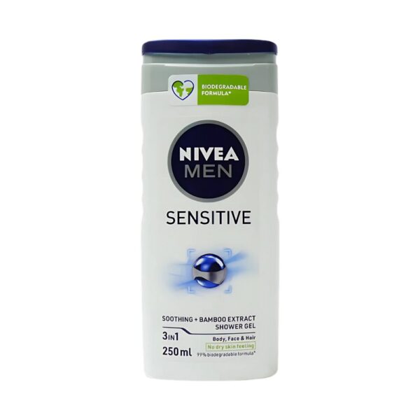 Nivea Men Sensitive Shower Gel 3-in-1 250ml – Gentle cleansing and hydrating care with bamboo extract for sensitive skin.