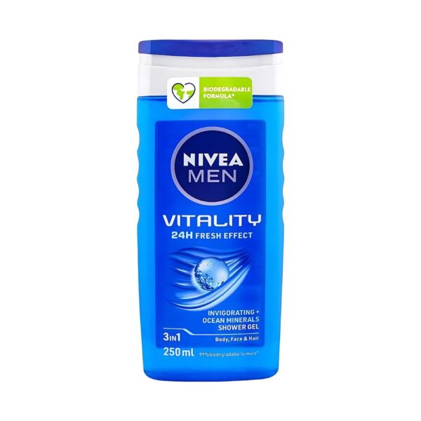 Nivea Men Vitality Fresh Shower Gel 3-in-1 250ml – Refreshing and energizing shower gel for body, face, and hair.