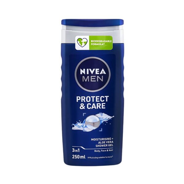 Nivea Protect & Care Shower Gel 250ml – Gentle moisturizing care with aloe vera for body, face, and hair.