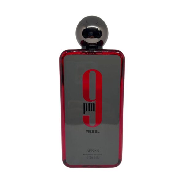 Afnan 9 PM Rebel Perfume EDP Men 100ml bottle with black and red design, showing its bold and sweet scent.