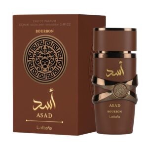 Lattafa Asad Bourbon Perfume Edp Men 100Ml Bottle With Sleek Black Finish, Representing Elegance And Warmth.