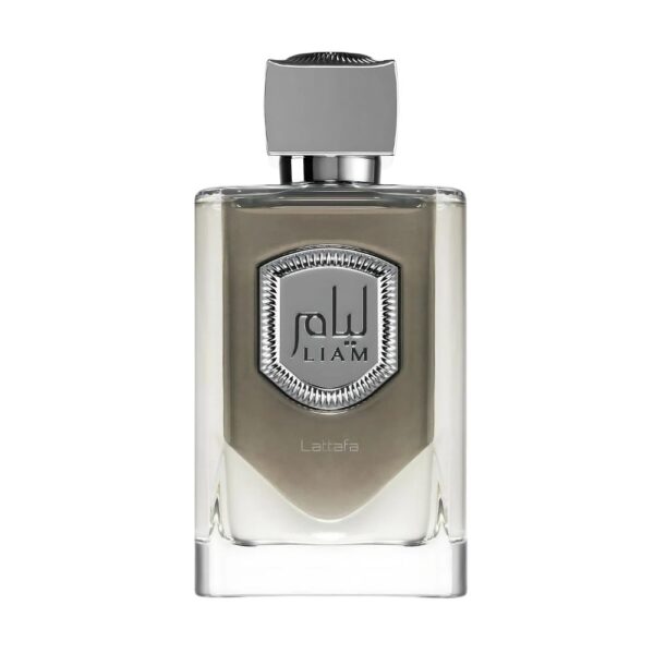 Lattafa Liam Grey Perfume EDP Unisex 100ml bottle with silver finish, showing a warm and elegant scent.