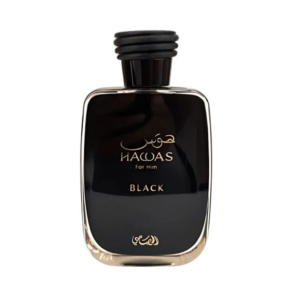 Rasasi Hawas Black EDP – Fresh men’s perfume with pineapple, patchouli, and oakmoss for a bold, long-lasting scent.