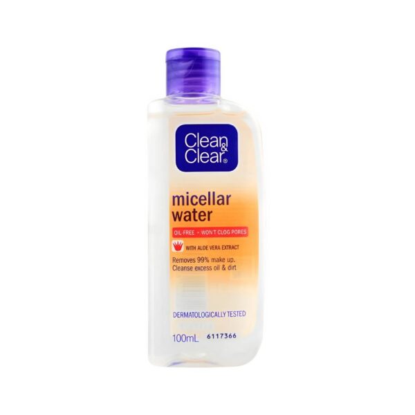 Clean & Clear Micellar Water Oil Free – Gentle makeup remover with Aloe Vera, no alcohol, for all skin types.